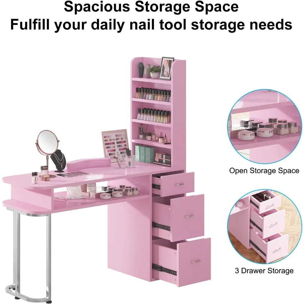 طاولة مانيكير TABU، محطة أظافر احترافية كبيرة لتقنية الأظافر مع خزانة جانبية وأدراج كبيرة، محطة عمل أظافر مع Dus #3
