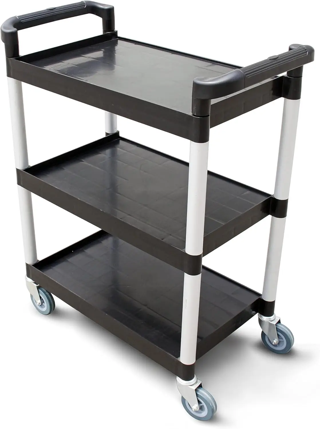 Pound Plastic 3-Tier Utility Bus Cart with Locking Casters, 32" x 16" x 38", Black