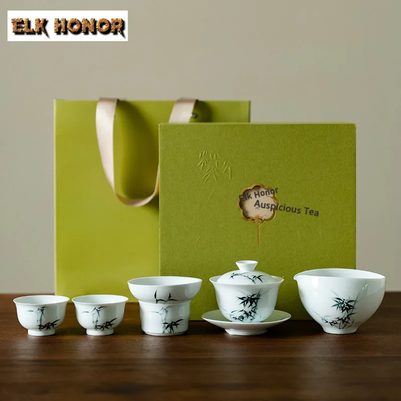 Purely Hand-painted Bamboo Lid Bowl Tea Set Complete Set Vintage Tea Ceremony Set Teapot and Tea Cup Set Tea Items Collection