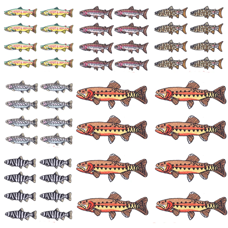10 Stück/Set Forellen-Fisch-Aufnäher Japan Glückskatze Fisch Bestickte Aufnäher für Kleidung Thermoadhäsive Aufbügelbare Aufnäher Schmelzbare Aufnäher