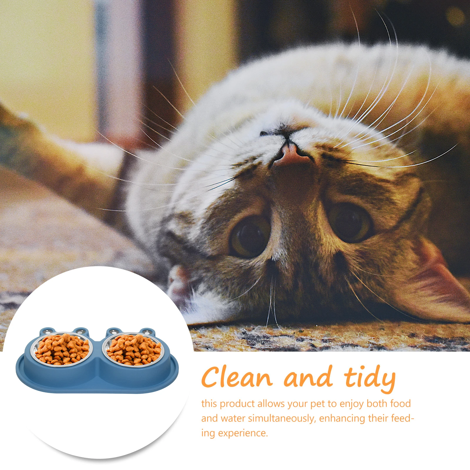 

Double Cat Dog Feeder Bowl No Spill Moat Design Non-Slip Plastic Base Stainless Steel Small Medium Pets Food Water