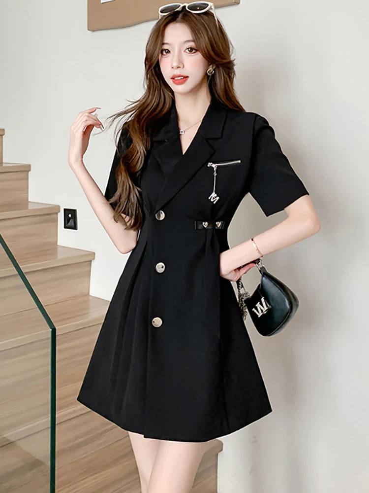 

Women Black Short Sleeve Single Breasted Mini Suit Dress Summer Elegant Bodycon Office Lady Dress 2025 Korean Vintage Prom Dress