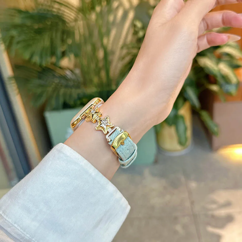 سوار أنيق من الزركون على شكل نجمة بالون لساعة Apple iWatch Series 10 9 8 7 6 5 4 3 2 SE Ultra Band 38 مم 40 مم 41 مم 42 مم 44 مم 45 مم 46 مم 49 مم أساور من الجلد الدنيم