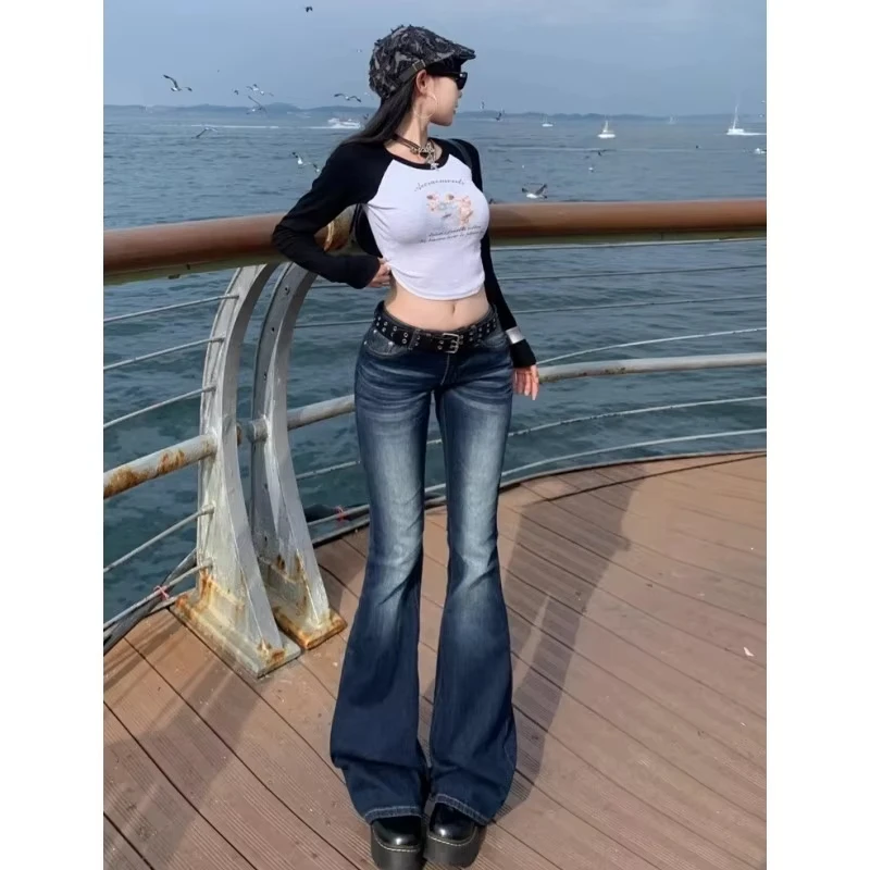 

Y2K Slim Fit High Waist Casual Womens Jeans Retro Denim Pants Low Rise Flared Trousers Long Bootcut Drag Autumn for Women