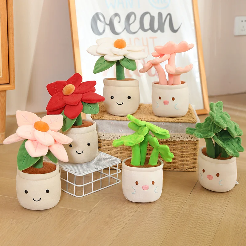 

Kawaii Artificial Plant Plush Pot Toy Soft Fluffy Four-Leaf Clover Daisy Plush Flower Cartoon Embroidery Face for Gifts.