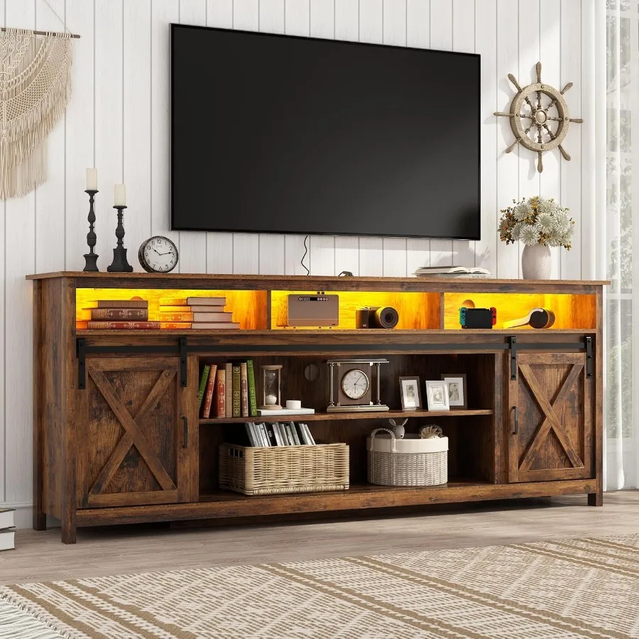 80in Wooden Farmhouse Entertainment Center for 90/85 inch TV Double Layer Storage Vintage Brown Wood Sliding Barn Door TV Stand