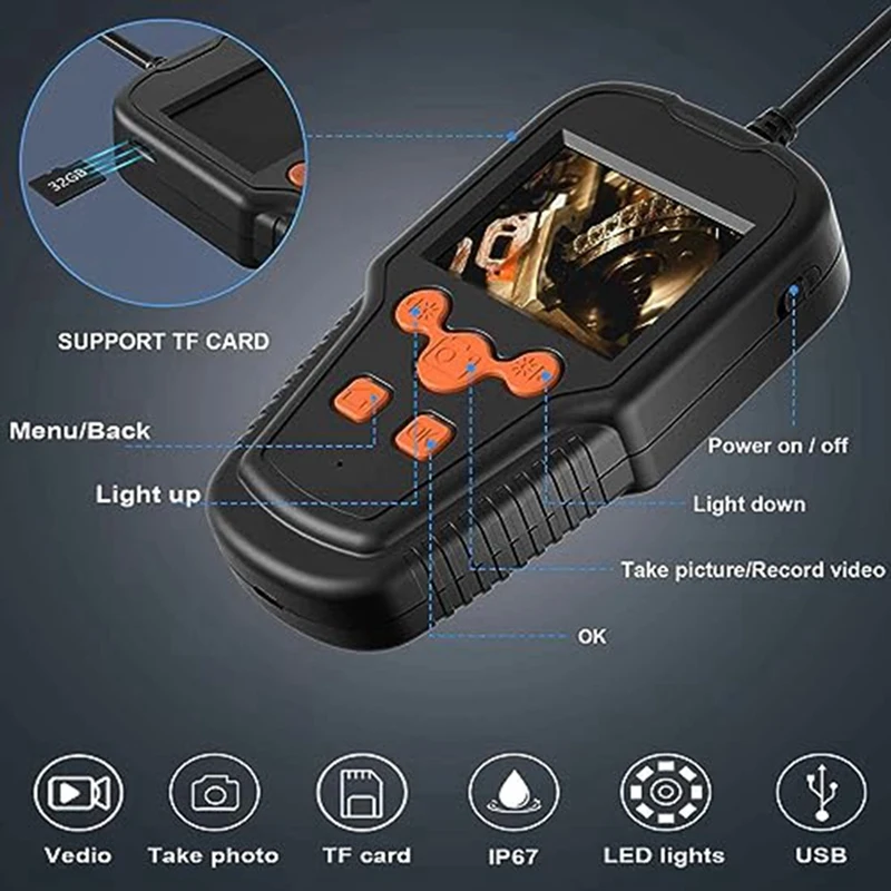 Lighted Borescope Camera Industrial Borescope Plastic+Metal IP67 Waterproof Inspection Camera Drainage Camera