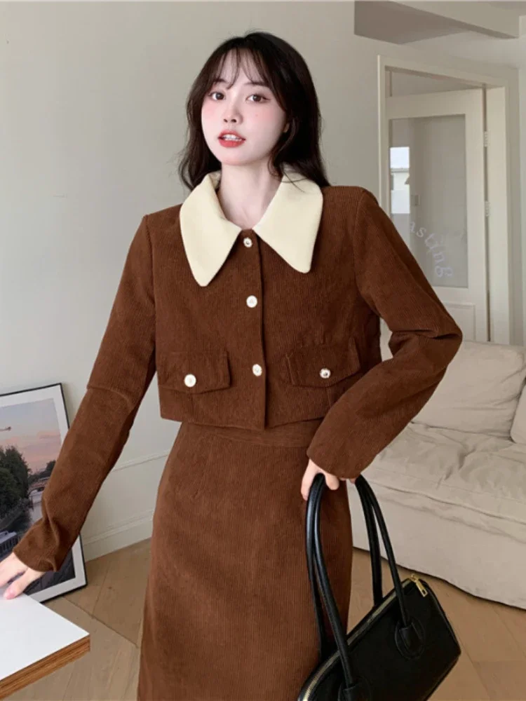 Fashion Two Piece Set Autumn New Corduroy Versatile Solid Lapel Button Pocket Small Fragrant Coat Slim A-line Half Length Skirt