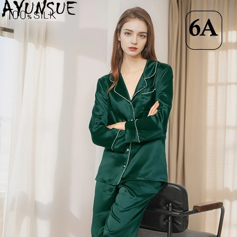 AYUNSUE 22MM Natural Mulberry Silk Sleepwear Women Home Clothes 100% Real Silk Pajama Set Spring Summer Long Sleeve Top Pants