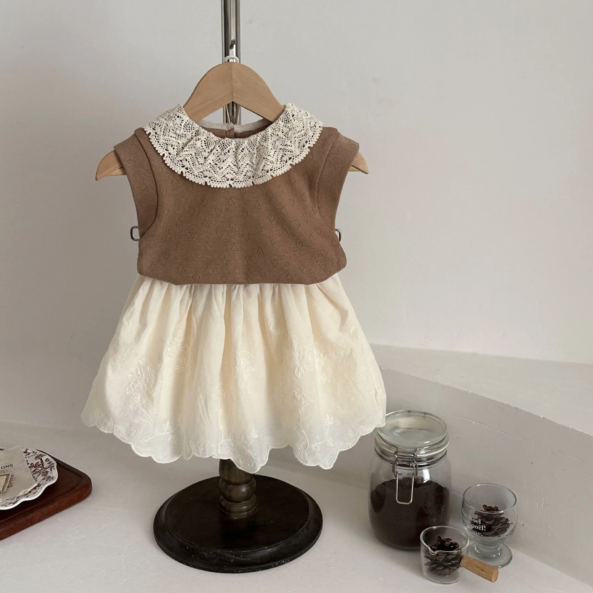 2026 Summer Baby Vest Solid Color Hollow-out Heart-shaped Girls Sleeveless T Shirts Or Lace Skirts Toddler Clothes
