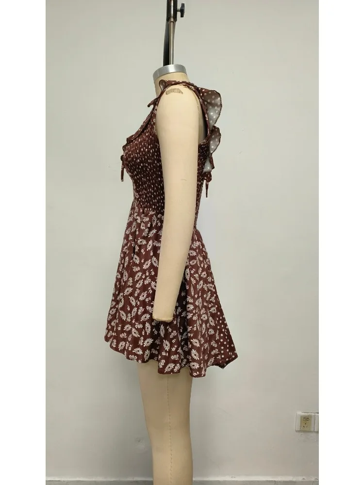 2026 여름 캐주얼 귀여운 플로럴 플로위 드레스 민소매 러플 백리스 도트 커피 생일 파티 비치 휴가 의류