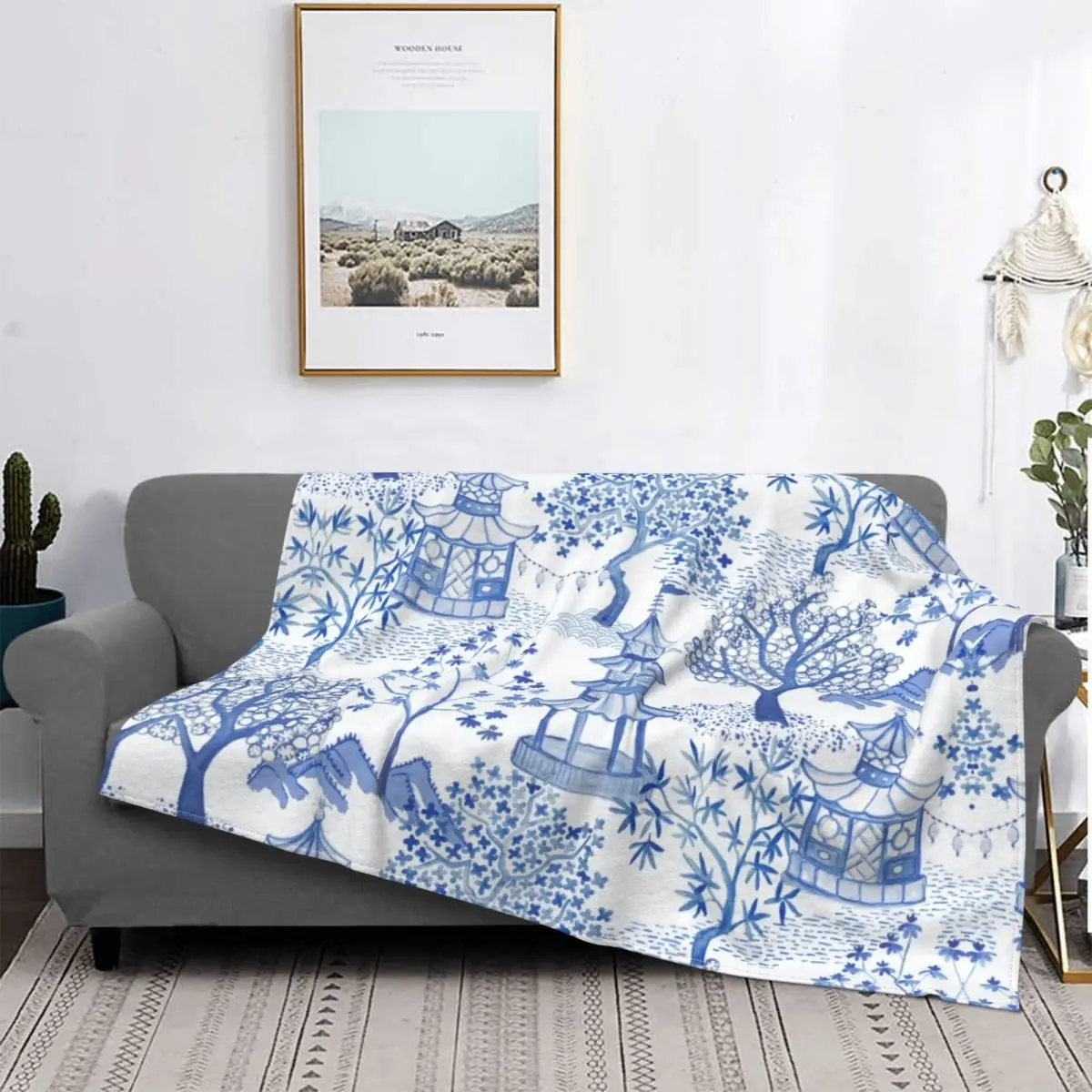 

Pagoda Forest Blankets Comfortable Soft Flannel Summer Blue Delft Vintage Chinoiserie Throw Blanket for Sofa Car Bedroom