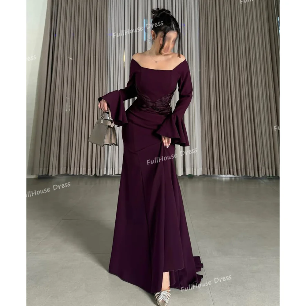 Vestido de noche drapeado con cuello barco modesto hecho a medida, vestido de noche Sexy sin espalda hasta el suelo, vestido saudí plisado de manga larga con tren