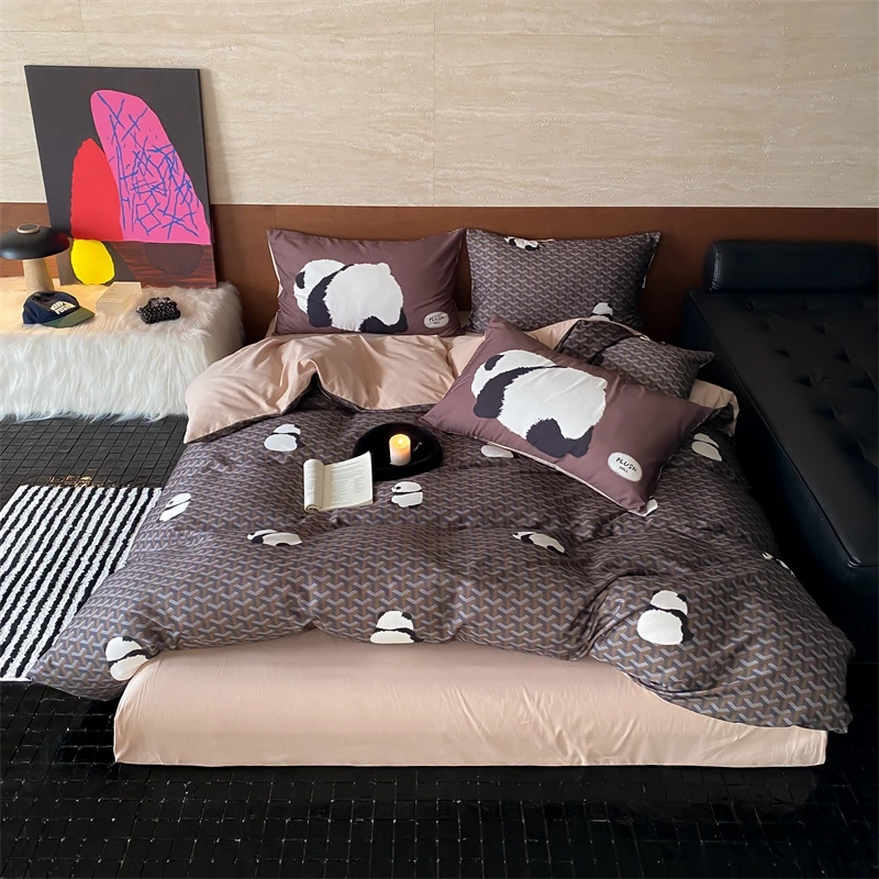 Cartoon Panda Digital Printing Sanding Cotton Bedding Set, Duvet Cover, Linen Fitted Sheet, Pillowcases, Home Textile