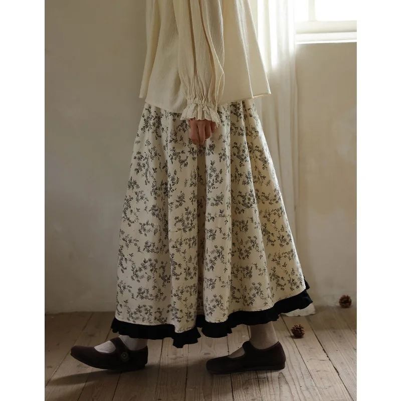 Retro Lace Stitching Floral Skirt High Waist Design 2025 Long Skirt New Elegant Versatile Cake Skirt