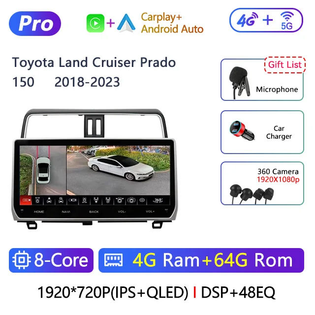 12.3 inch 2 Din Android Car Stereo Radio For Toyota Land Cruiser Prado 150 2018 2019 2020 2021 2022 2023Multimedia Video Player Navigation GPS Carplay Autoradio Head Unit DVD Player With Screen