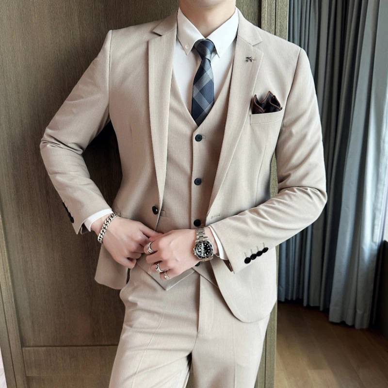 

（Jacket+vest+pants）2023 New Men Solid Business Formal Suit 3-piece Slim Wedding Groom Dress Suit Male Formal Social Stage Suit