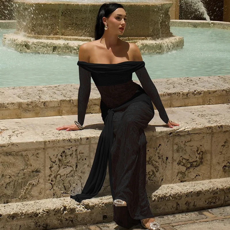 

Женское элегантное сексуальное длинное платье с открытыми плечами и рюшами на шнуровке в стиле пэчворк