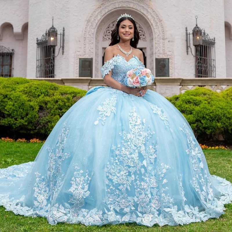 

Sky Blue Shiny Princess Quinceanera Dress Ball Gown Elegant Classic Applique Lace Beads Tull Sweet 16 Dress Vestido 15 De