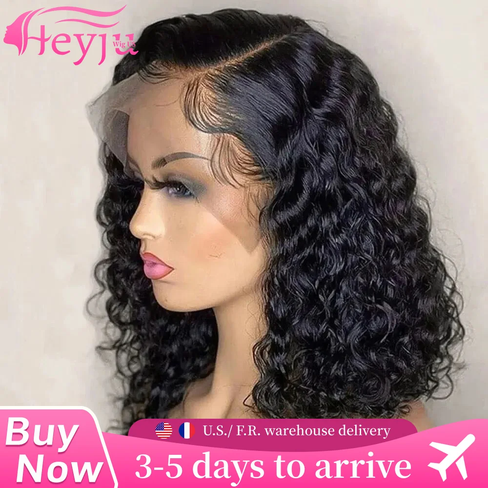 

1B Curly Bob Wigs Brazilian Human Hair HD Transparent Lace Glueless 200% Density Pre Plucked Natural Color For Beginners Women