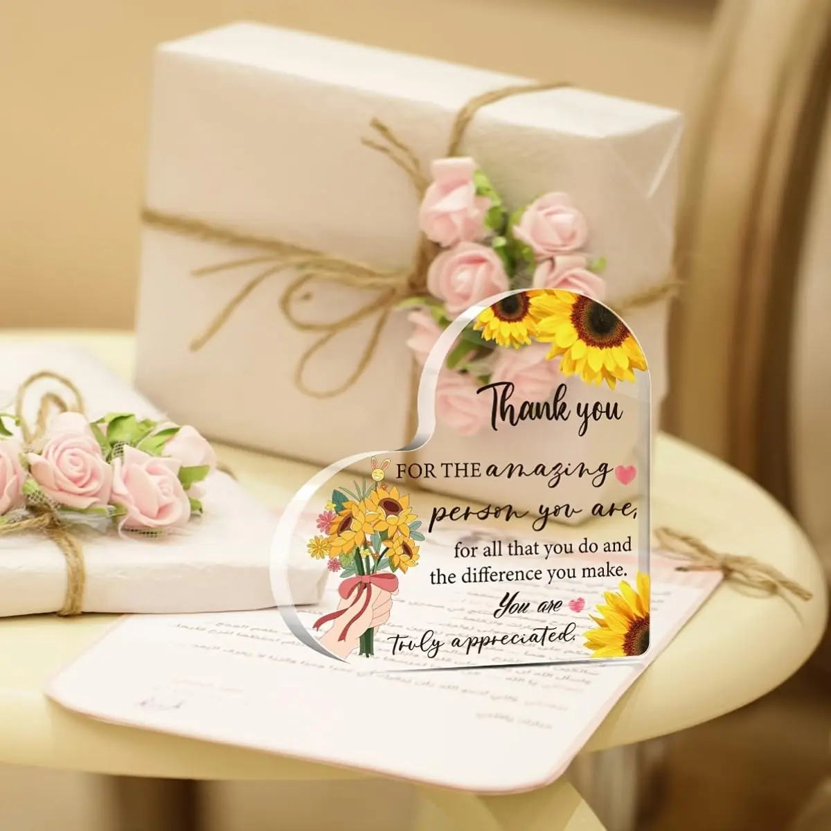 Thank You For The Amazing Person You Are Heart‑Shaped Acrylic Tabletop Plaque, Sunflower Bouquet Desk Decor