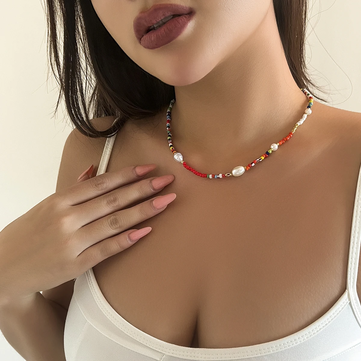 New Korean Fashion Colorful Cute Seed Beads Chain Choker Necklace For Women Baroque Simulated Pearls Beaded Collar Boho Jewelry