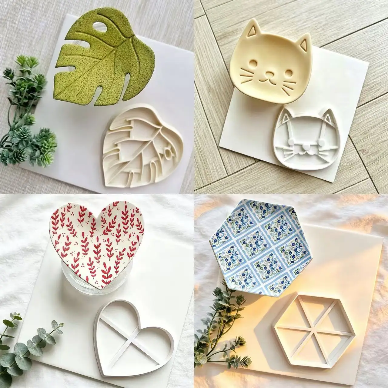 Daisy Shell Palm Leaf Flower Shape Clay Coaster Mould - DIY Polymer Clay Trinket Dish Cutter Handmade Plate Tray Mold