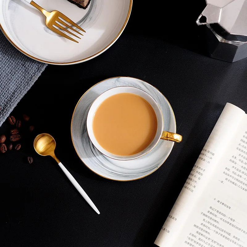 Nordic Minimalist Marble Patterned Ceramic Coffee Cup and Plate English Afternoon Teacups Home Kitchen Drinkware Mugs Tea Cup