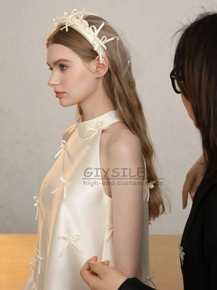 GIYSILE فساتين زفاف قصيرة مخصصة برقبة دائرية بدون أكتاف طيات تنانير منتفخة رداء حفلات للنساء فساتين زفاف من الساتان الناعم