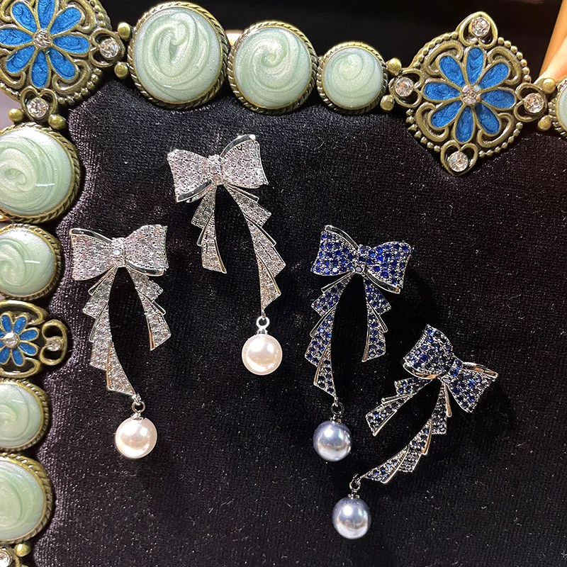 

HIBRIDE Sparkling high quality bow pendant pearl earrings women costume jewellery set wedding daily party banquet travel E112