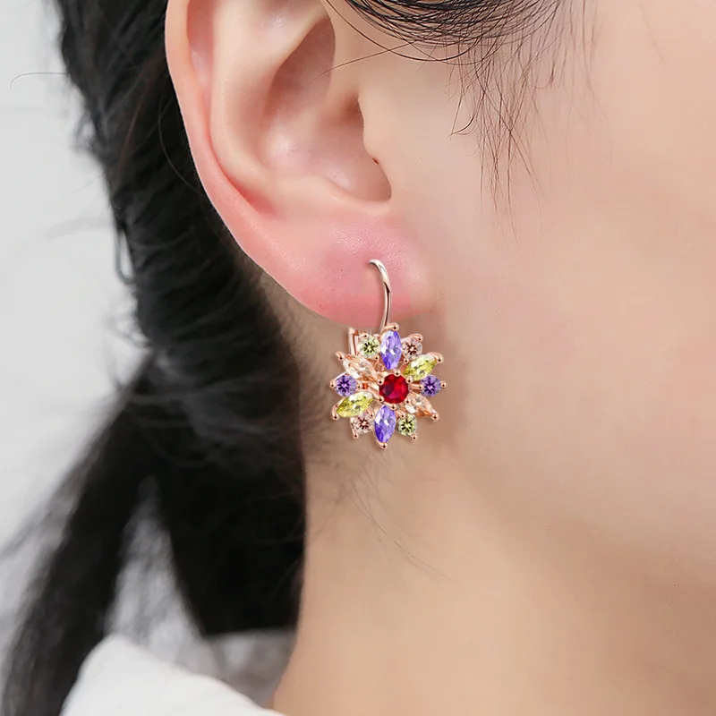 Colorful Lotus Flower Drop Earrings for Women 18K Gold Plated Crystal Cubic Zirconia Flower Earrings Elements Bridal Jewelry