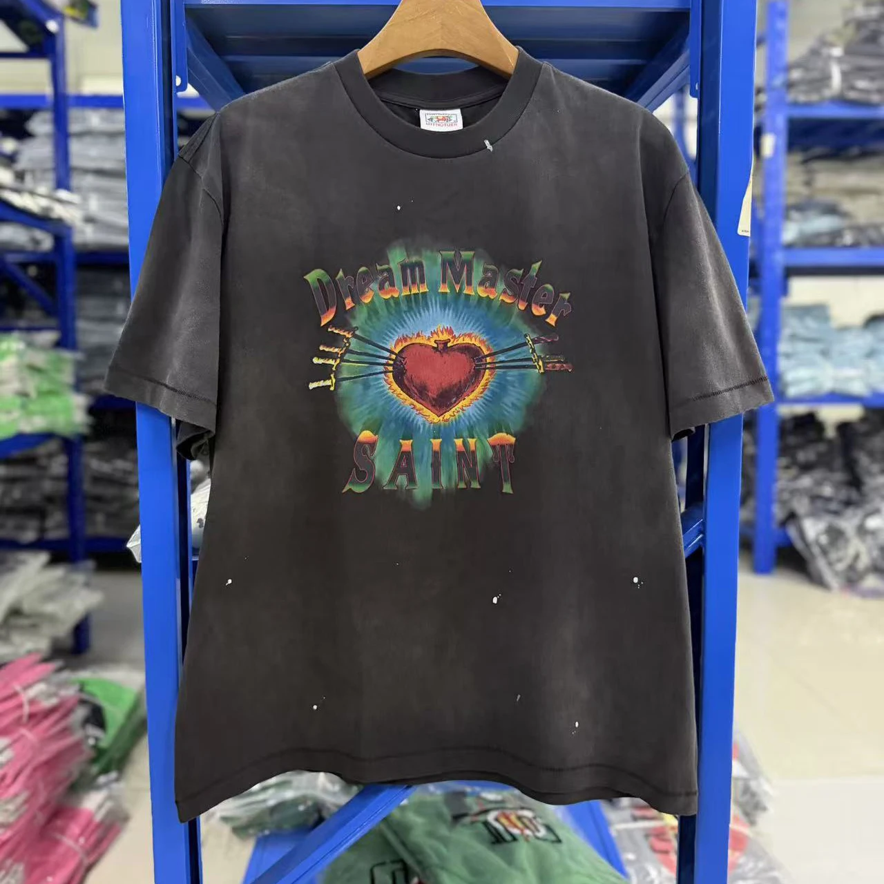 American Retro Casual Saint T Shirts Heart-shaped Letter Print Comfort Cotton Washed T-shirt Top Real Photo Streetwear