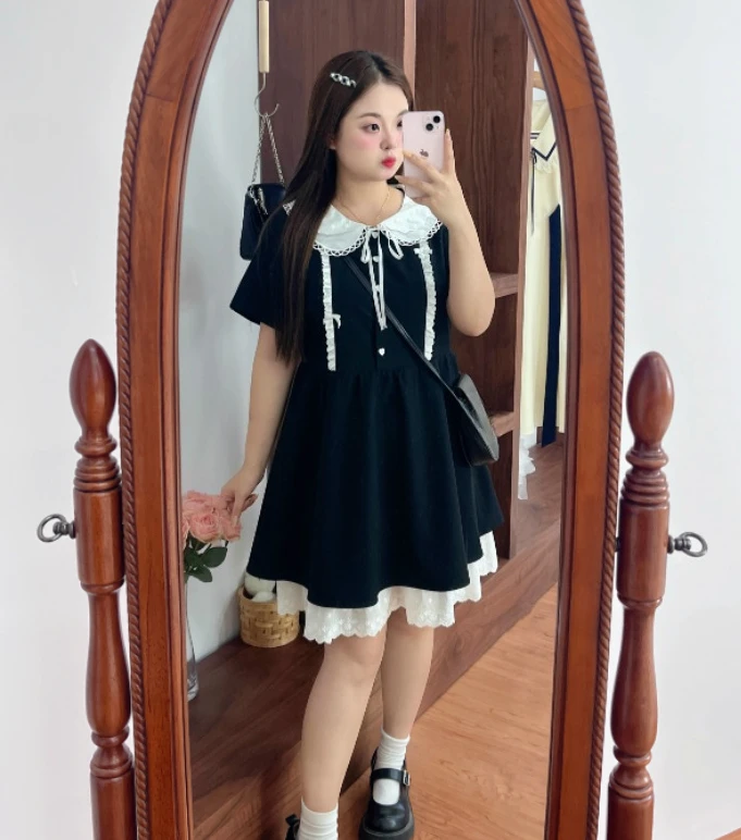 جديد كبير الحجم فتاة حلوة بيتر بان طوق الدانتيل متابعة القوس فستان موضة عالية الخصر ألف خط الحد من العمر فساتين يابانية متعددة الاستخدامات #6