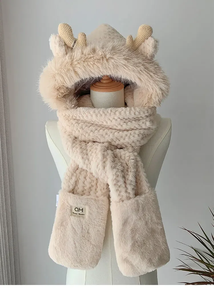 

Модная плюшевая шапка с рогами лося, шарф, перчатки, женская зимняя защита для ушей, утолщенная шапка Lei Feng, велосипедная лыжная шапка, ветрозащитная