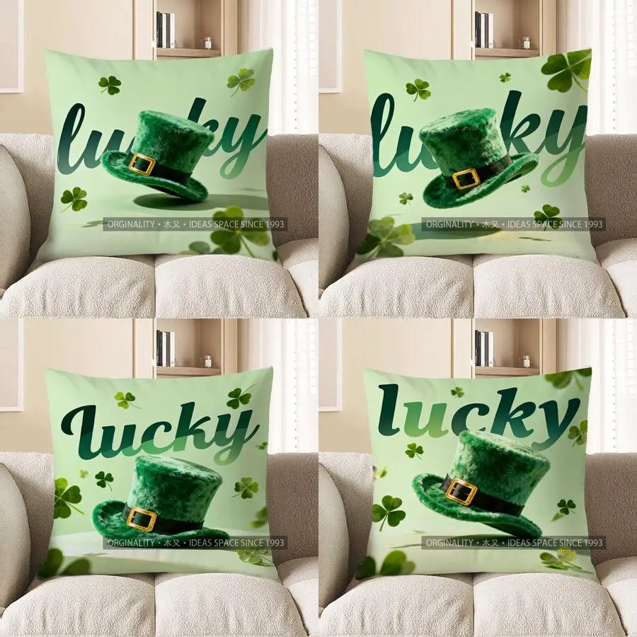 

Lucky Hat & Clovers Digital Print Pillow Cover Pattern Cushion Cover Suitable For Sofa Bedroom Car Pillow Cover