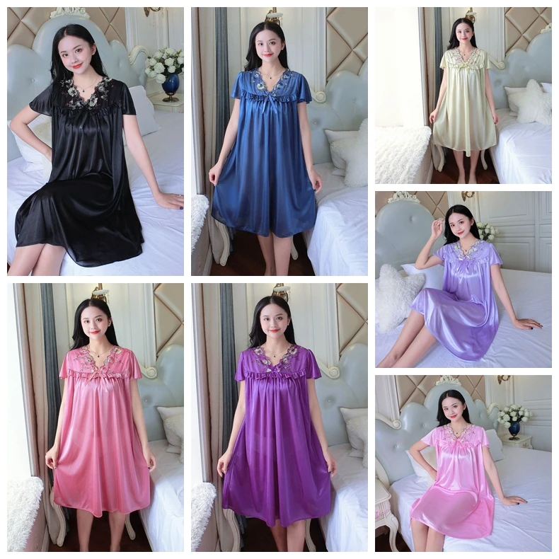 Women\'s Champagne Sleepwear Nightgowns Nightwear Sexy Night Dress Nightie Sleeping Home Dress Silk Satin Sleepwear Pjs Plus Size