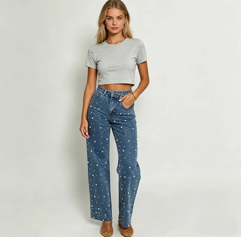 

Beading Jeans for Women Streetwear Y2K Jeans Vintage Baggy Pants Chic Denim Pants Women Clothing Fashion 2026
