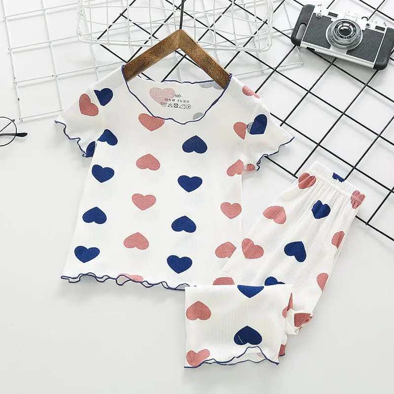 Girls Ice Silk Pajama Set – Summer Thin Two-Piece Sleepwear with Heart Print & Ruffle Hem, Breathable Air Conditioning Suit