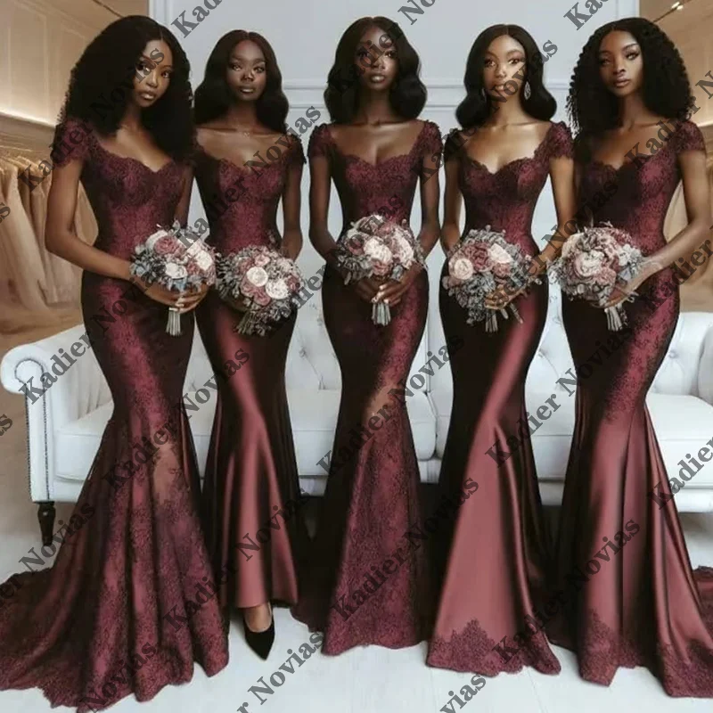 

Long Burgundy Mermaid Bridesmaid Dresses Satin Appliques Floor-Length Wedding Guest Dress Sweep Train Customized
