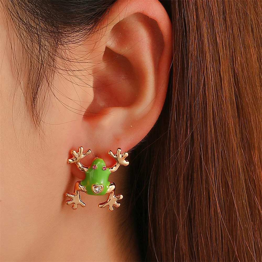 Cute Frog Ear Studs For Women Girls Korean Cartoon Fashion Metal Crystal Frog Shaped Earring Female Gift Jewelry Accessories