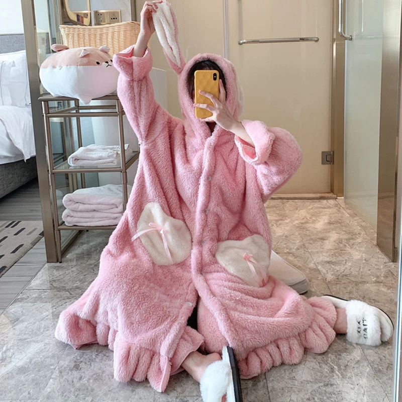 Autumn Winter Flannel Warm Nightgowns Pajamas Set Sweet Lovely Coslay Sleepwear Robes Suit Women Long Sleeve Home Suit Pyjamas