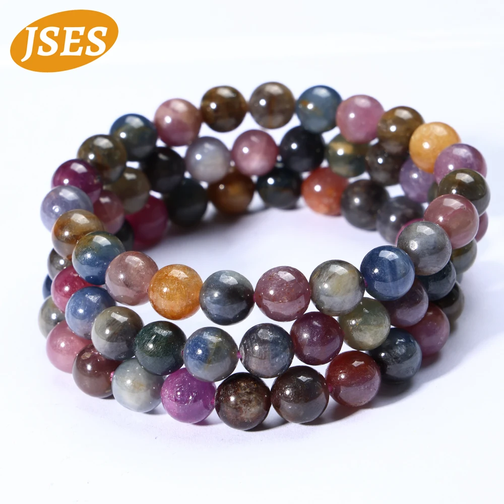 JSES AA Natural Ruby Sapphire Bead Bracelet 8mm Smooth Round Loose Beads Bangle For Making Jewelry Charms Necklace DIY Wholesale