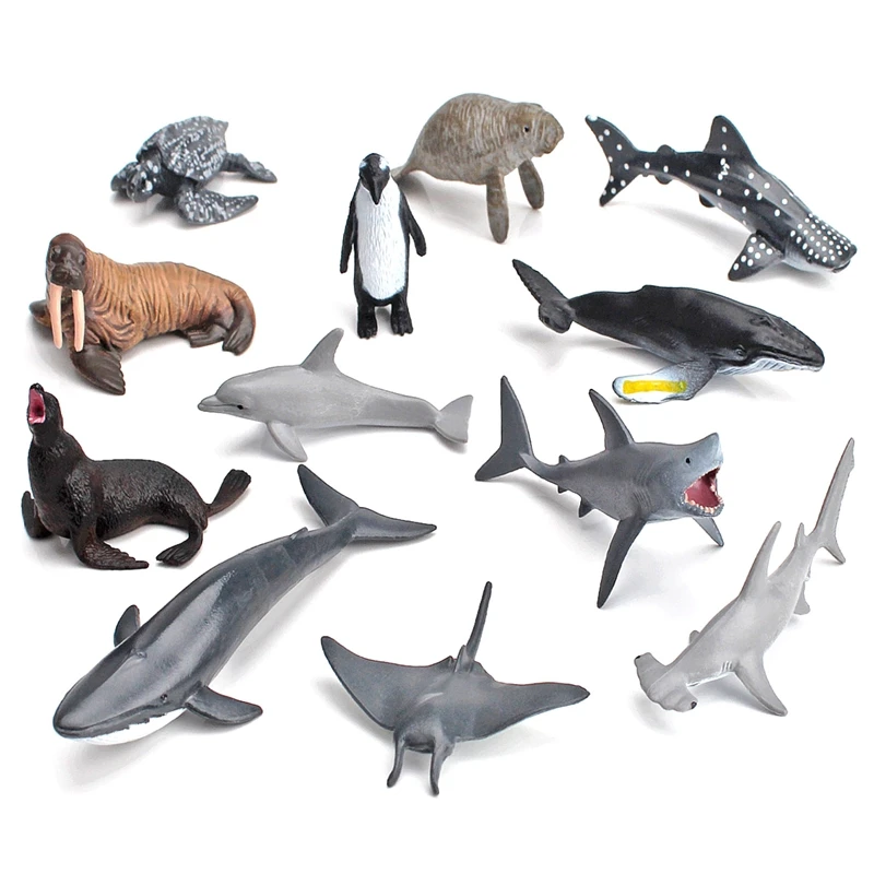 12PCS Simulation Trumpet Marine Biological Model White Shark Walrus Humpback Manatee Children Education Cognitive Toy