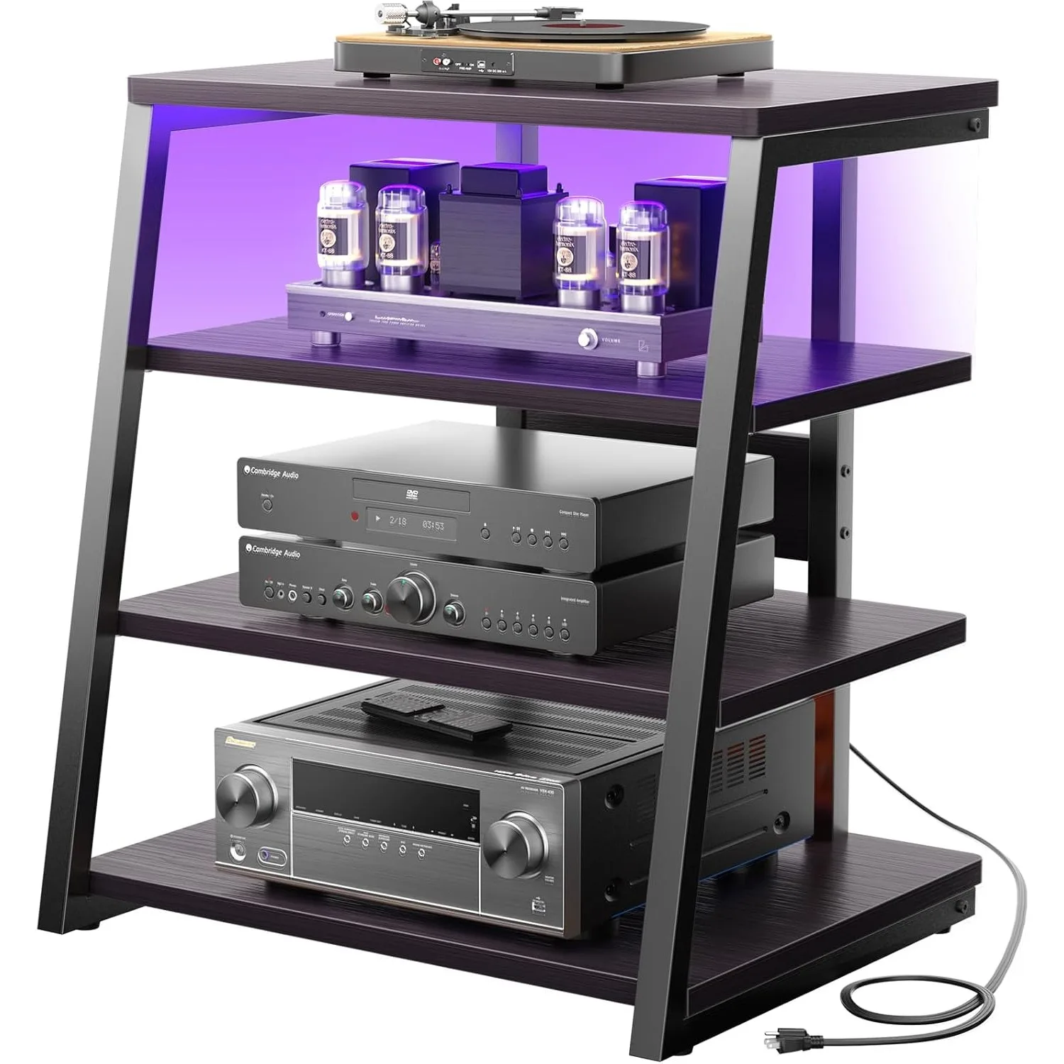 4-story AV media stand with power outlet, corner TV stand with LED lights, rack audio tower with adjustable shelf, 30