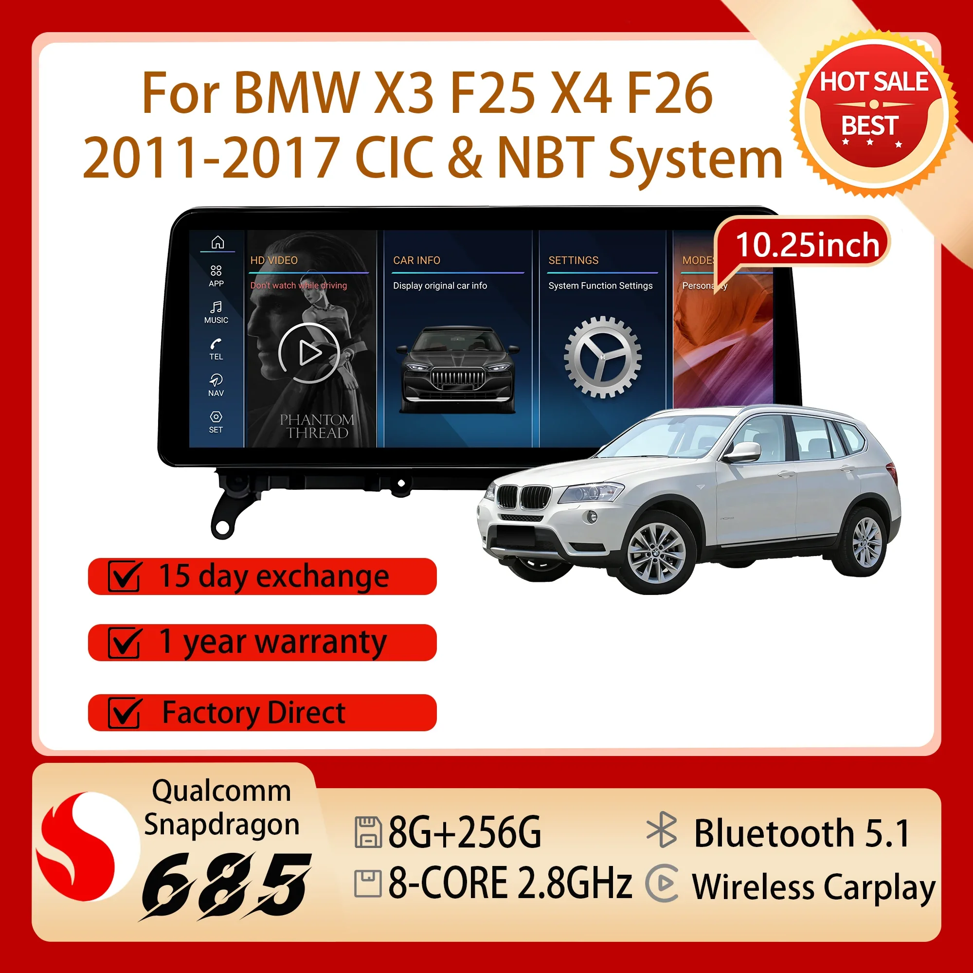 10.25 inch Right Hand Drive GPS Touch Screen Carplay Radio Android 14 Wireless Snapdragon 680 BT For BMW X3 F25 X4 F26 2011-2017