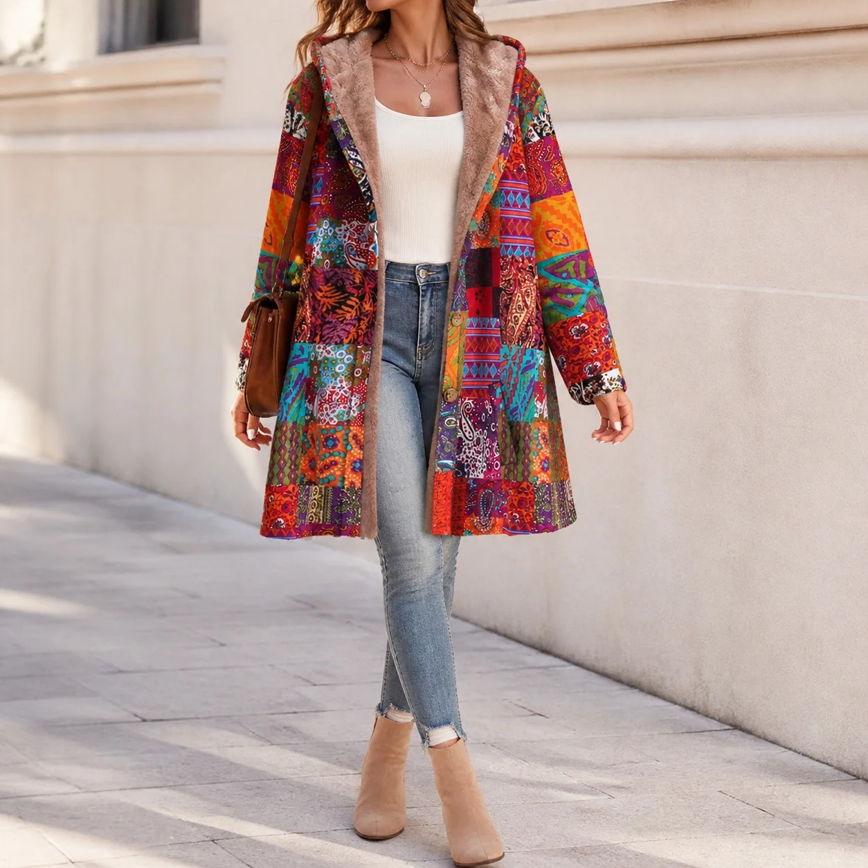 Women's Winter Coat Female Hooded Jacket Printed Cotton Linen Long Sleeve Loose Fit Mid-Length Single Breasted Outerwear