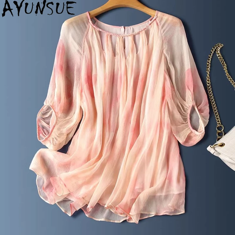 

AYUNSUE 100% натуральная шелковая блузка из тутового шелкопряда для женщин, летняя коллекция 2026, элегантные блузки, женские топы свободного кроя с принтом