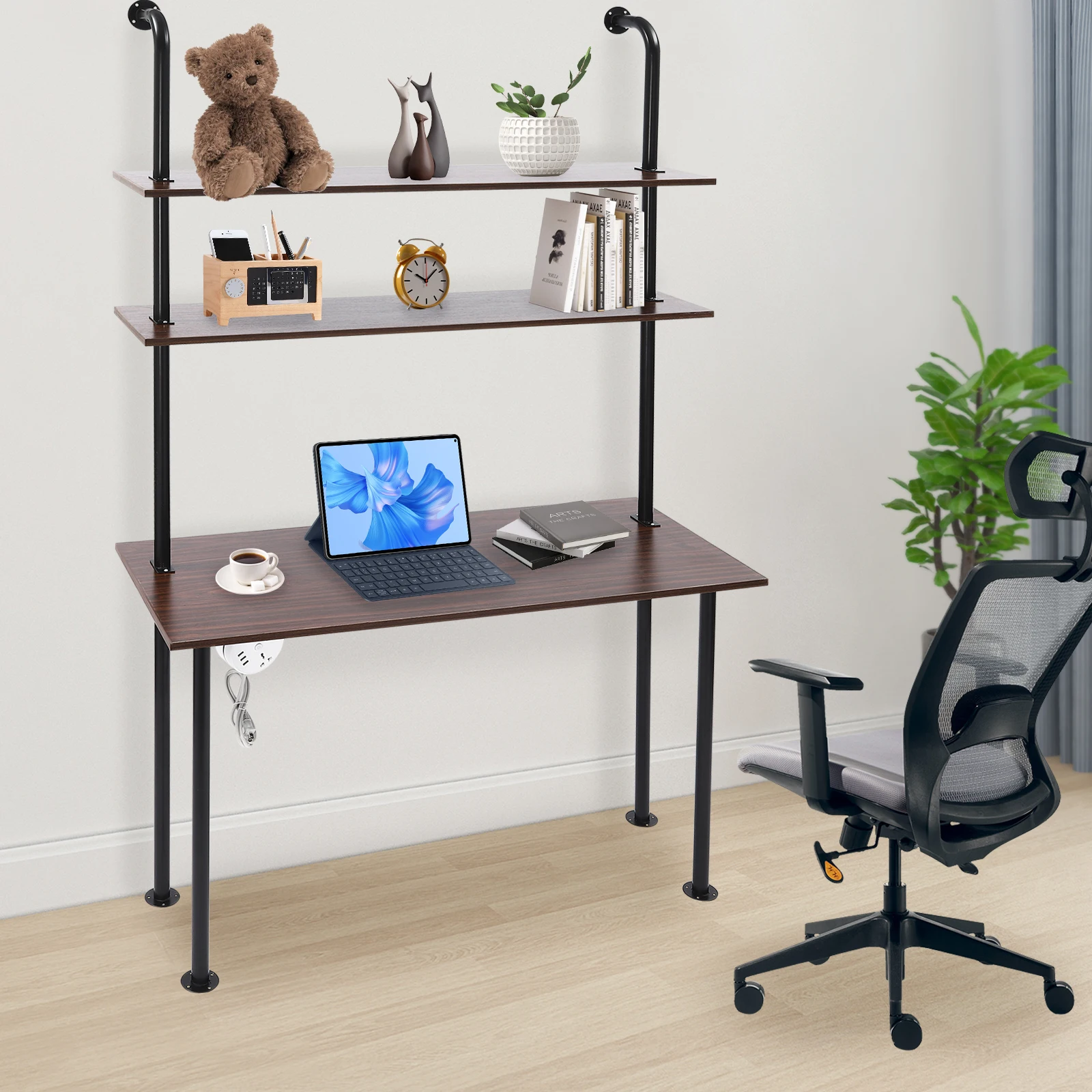 3 Tier Wall Mounted Desk Floating Shelves Organizer for Home Office Space Saving Computer Writing Table Workstation