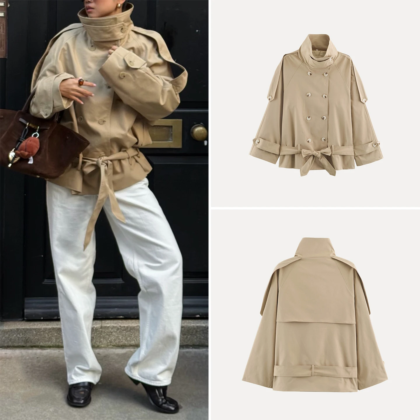 Khaki Color Double Row Button Casual Commute Mid-Length Women's Spring Autumn Jacket Outerwear Elegant Style Standard Fit