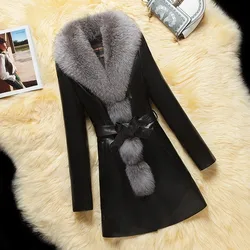 Winter Faux Fur Collar Leather Long Loose Coats Coat Female Jacket Parka Women Femme Rabbit Mink Sheepskin Fashion